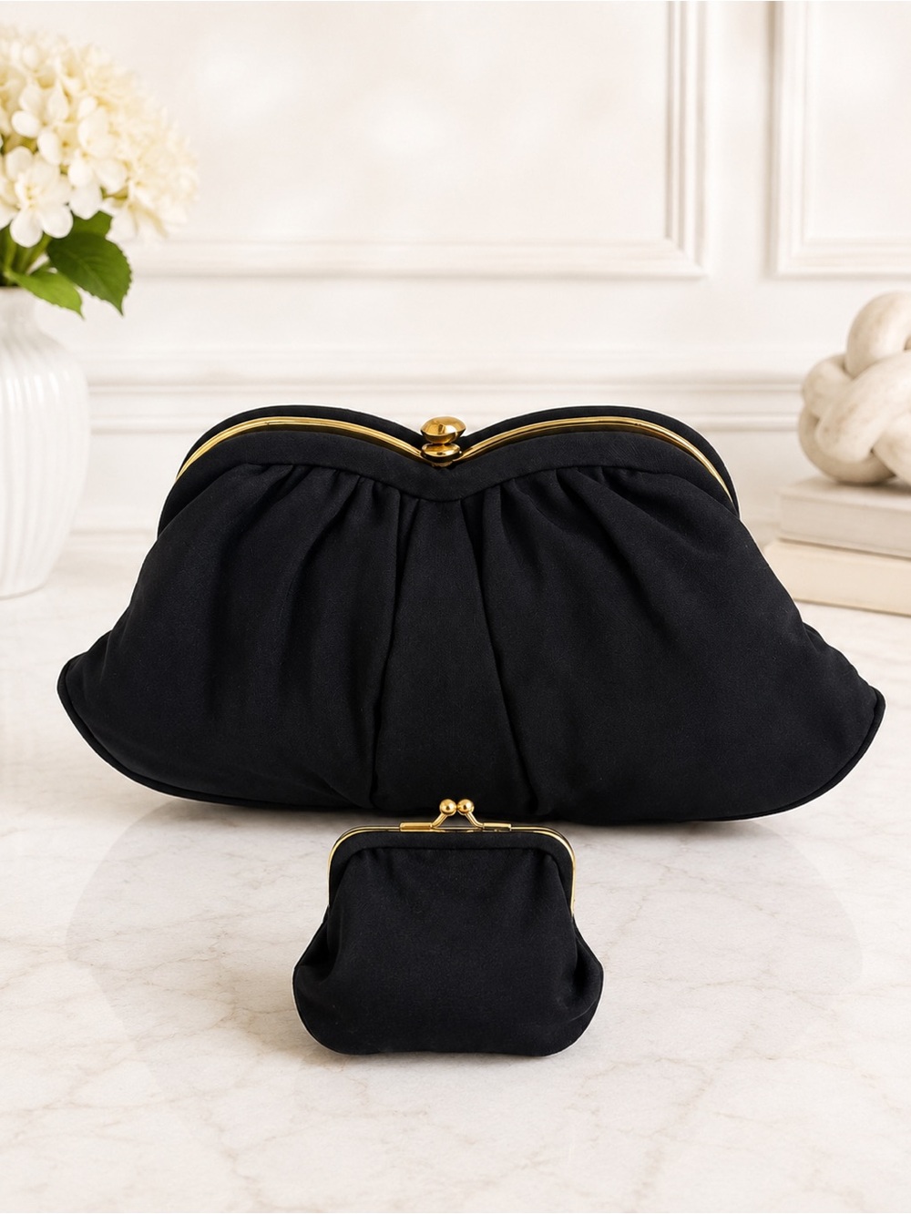 Vintage L&M Spot Lite Exclusive Black Ruched Kiss Lock Clutch & Coin Purse